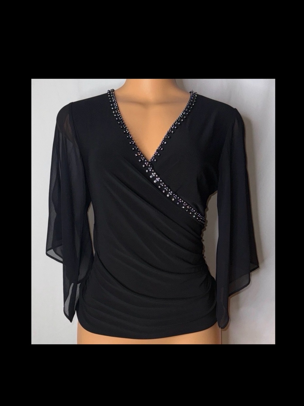 MSK Black Beaded Wrap-Style Long Sleeve Top
